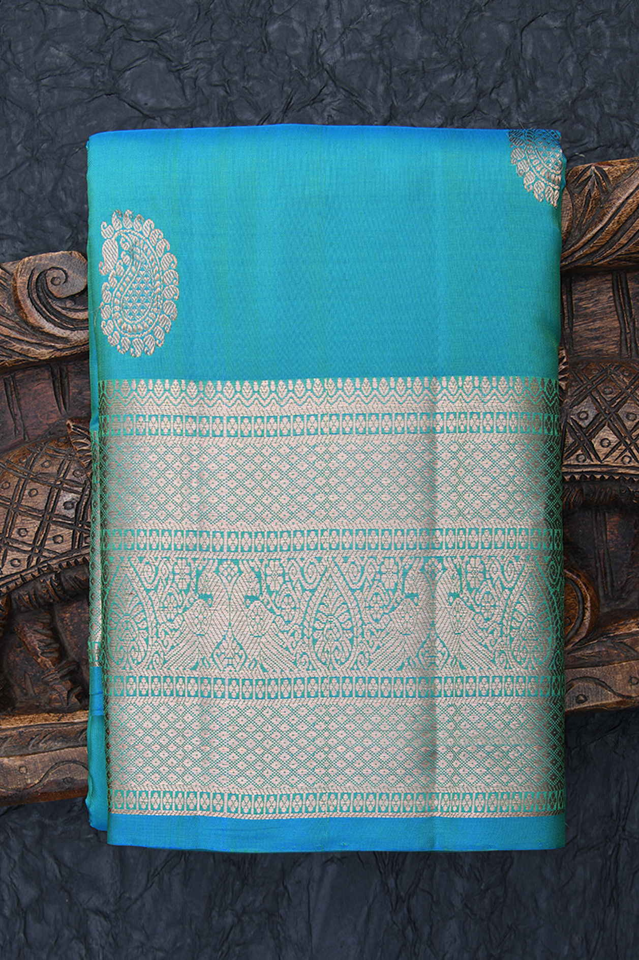 Paisley Zari Motifs Sea Blue Kanchipuram Silk Saree