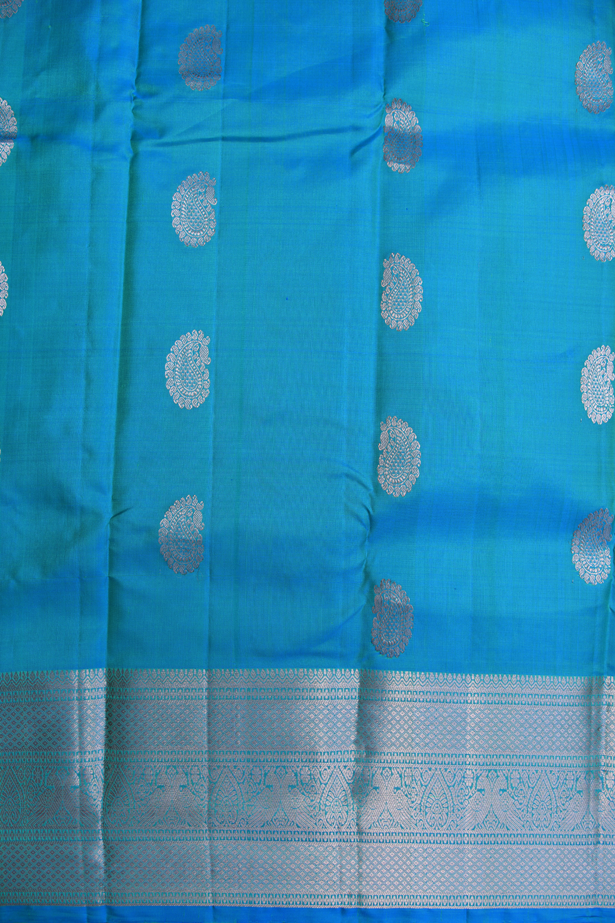 Paisley Zari Motifs Sea Blue Kanchipuram Silk Saree