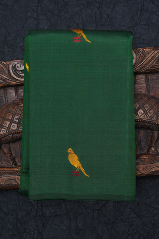 Parrot Threadwork Motifs Forest Green Kanchipuram Silk Saree