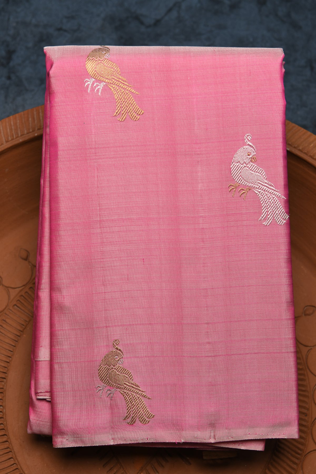 Parrot Zari Motif Coral Pink Kanchipuram Silk Saree