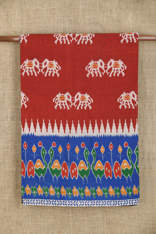 Patola Birds Border With Elephant Design Ochre Red Kalamkari Printed Cotton Saree