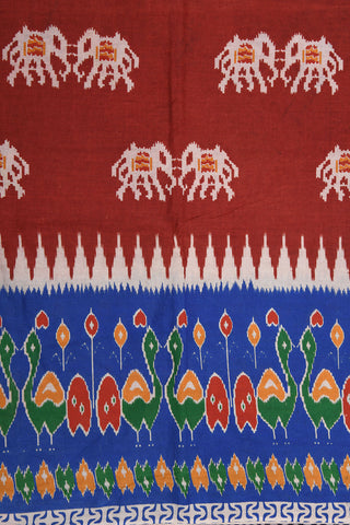 Patola Birds Border With Elephant Design Ochre Red Kalamkari Printed Cotton Saree