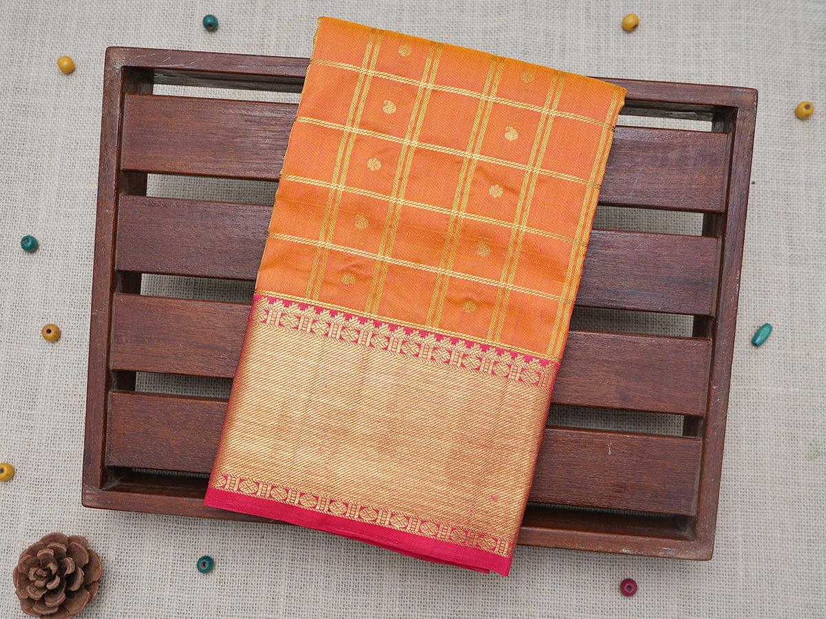 Zari Checks And Motifs With Twill Design Border Honey Orange Pavadai Sattai Material