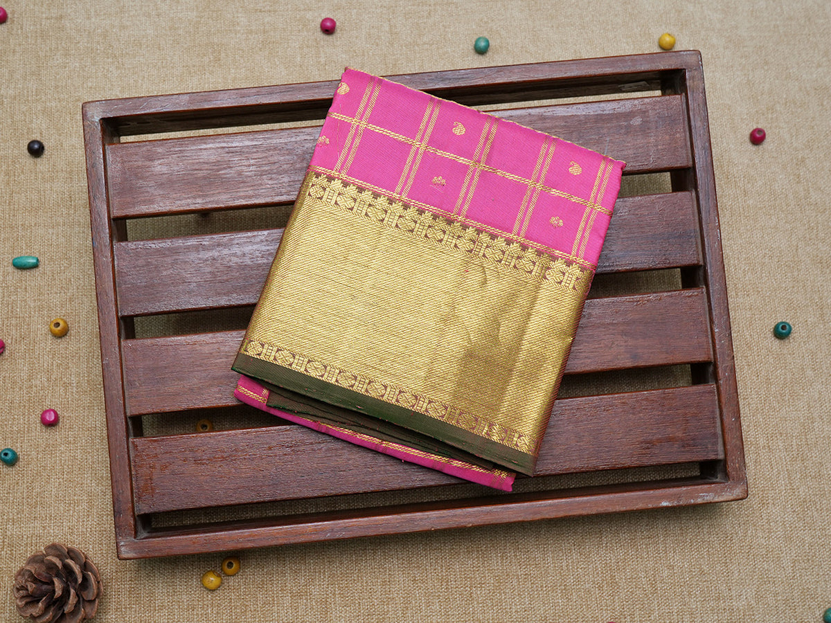 Checked Design Gold Zari Paisley And Chakram Butta Rose Pink Pavadai Sattai Material