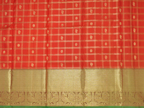 Zari Checks And Motifs With Peacock Design Border Bright Orange Pavadai Sattai Material