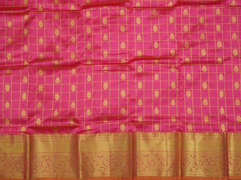 Checked Design Gold Zari Floral Butta With Traditional Border Punch Pink Pavadai Sattai Material