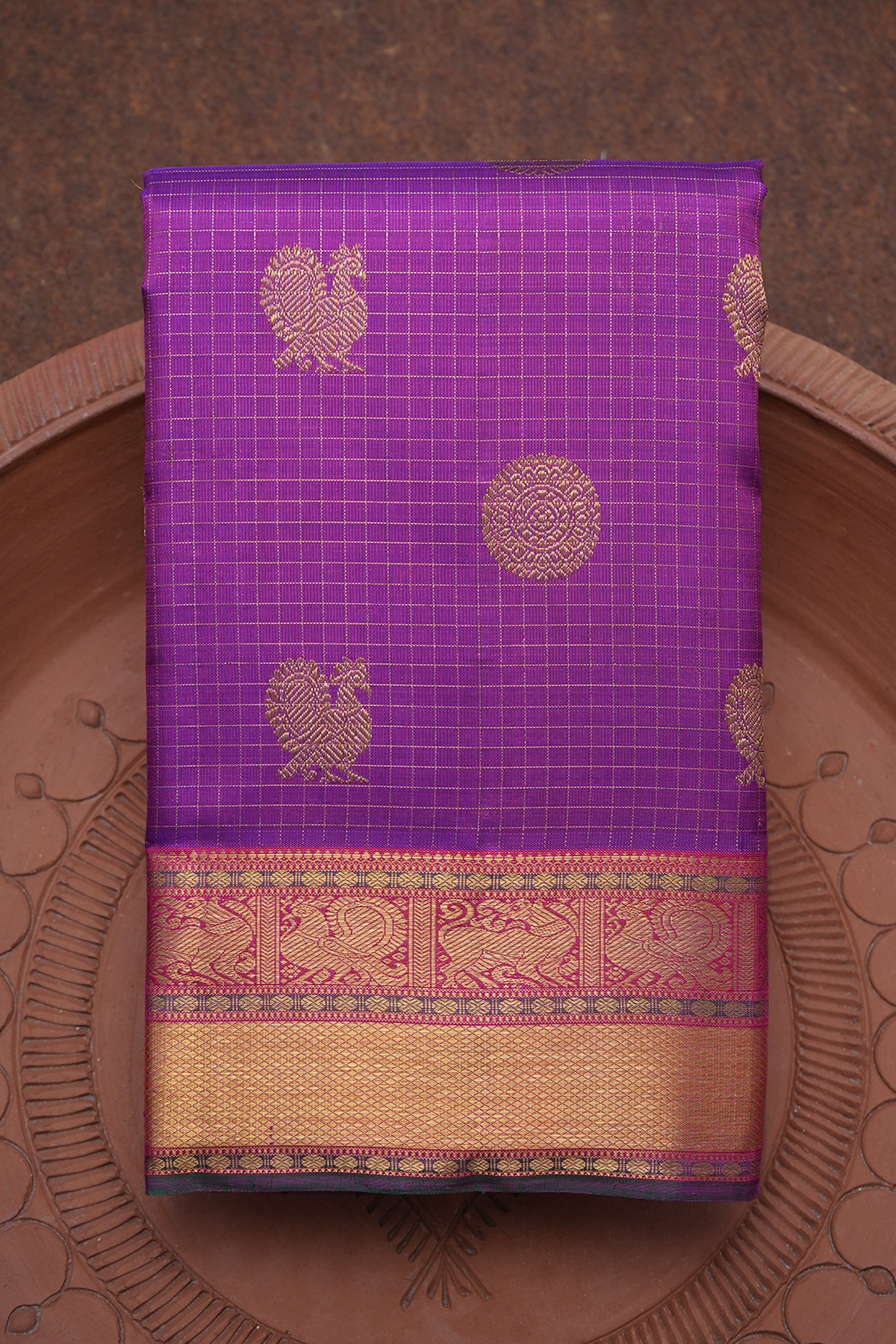 Peacock And Chakram Motifs Purple Rose Kanchipuram Silk Sare