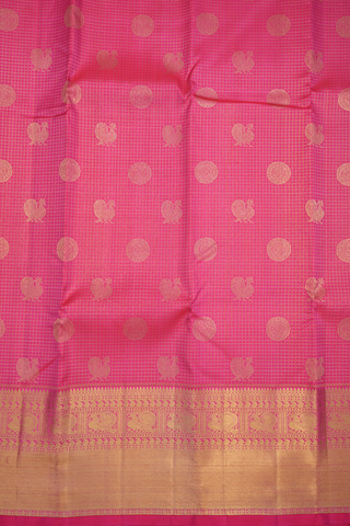 Peacock And Chakram Motifs Rani Pink Kanchipuram Silk Saree
