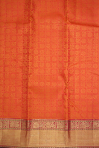 Peacock And Chakram Threadwork Checked Bright Orange Kanchipuram Silk Saree