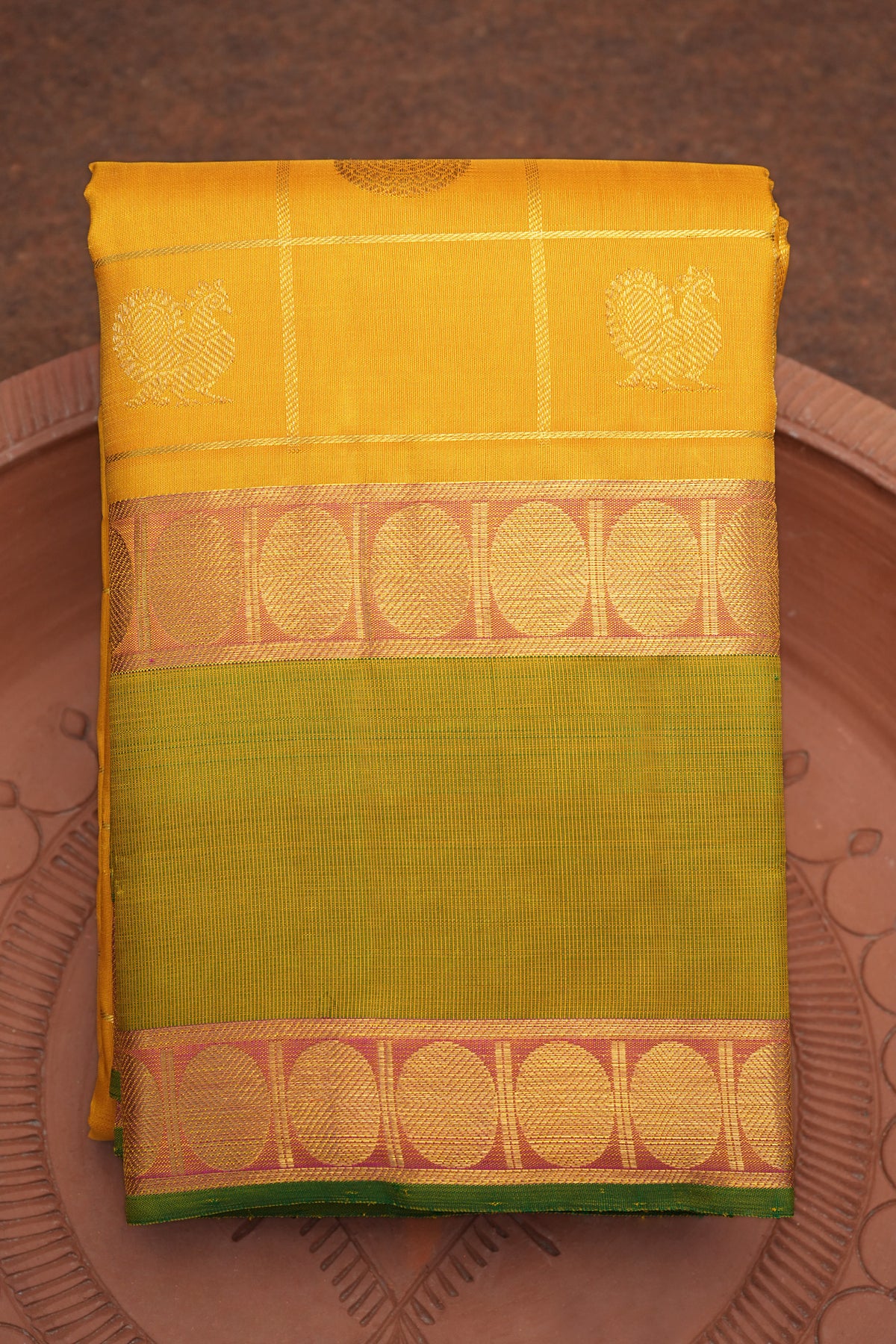 Peacock And Chakram Zari Checked Saffron Yellow Kanchipuram Silk Saree