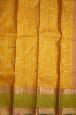 Peacock And Chakram Zari Checked Saffron Yellow Kanchipuram Silk Saree