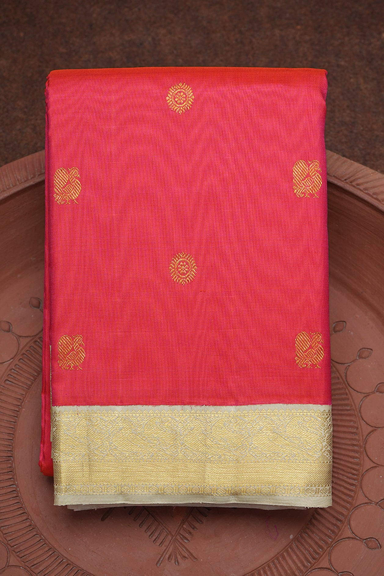 Peacock And Chakram Zari Motifs Hot Pink Kanchipuram Silk Saree