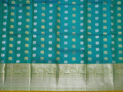 Peacock And Elephant Zari Motifs With Threadwork Design Peacock Blue Pavadai Sattai Material
