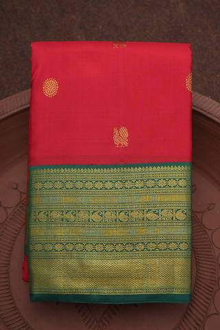 Peacock And Floral Motifs Chilli Red Kanchipuram Silk Saree