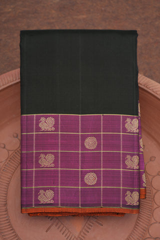 Peacock And Floral Checked Zari Border Black Kanchipuram Silk Saree