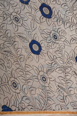 Peacock And Floral Design Kalamkari Printed Mustard Chanderi Cotton Saree