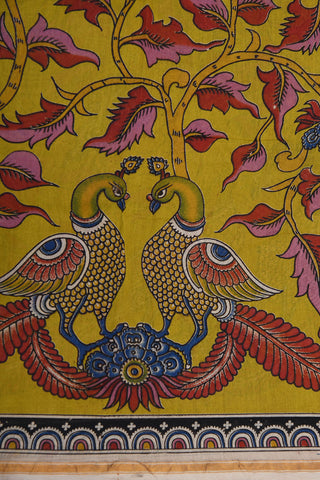 Peacock And Floral Design Kalamkari Printed Mustard Chanderi Cotton Saree