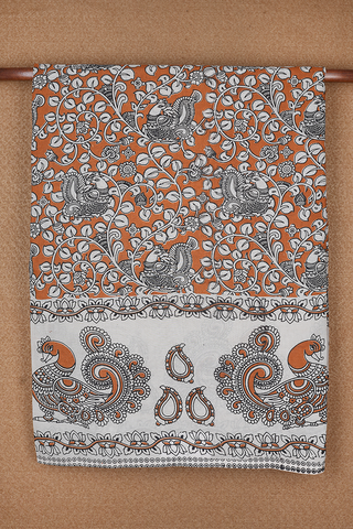 Peacock And Floral Design Ochre Orange Kalamkari Cotton Saree