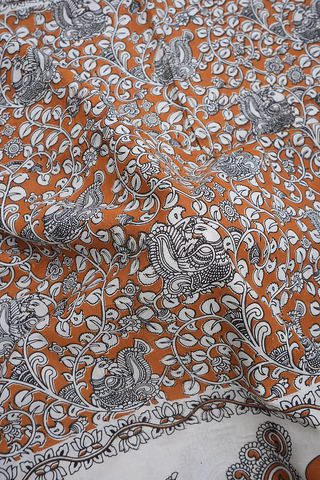 Peacock And Floral Design Ochre Orange Kalamkari Cotton Saree