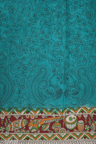 Peacock And Floral Design Peacock Green Printed Kalamkari Cotton Saree