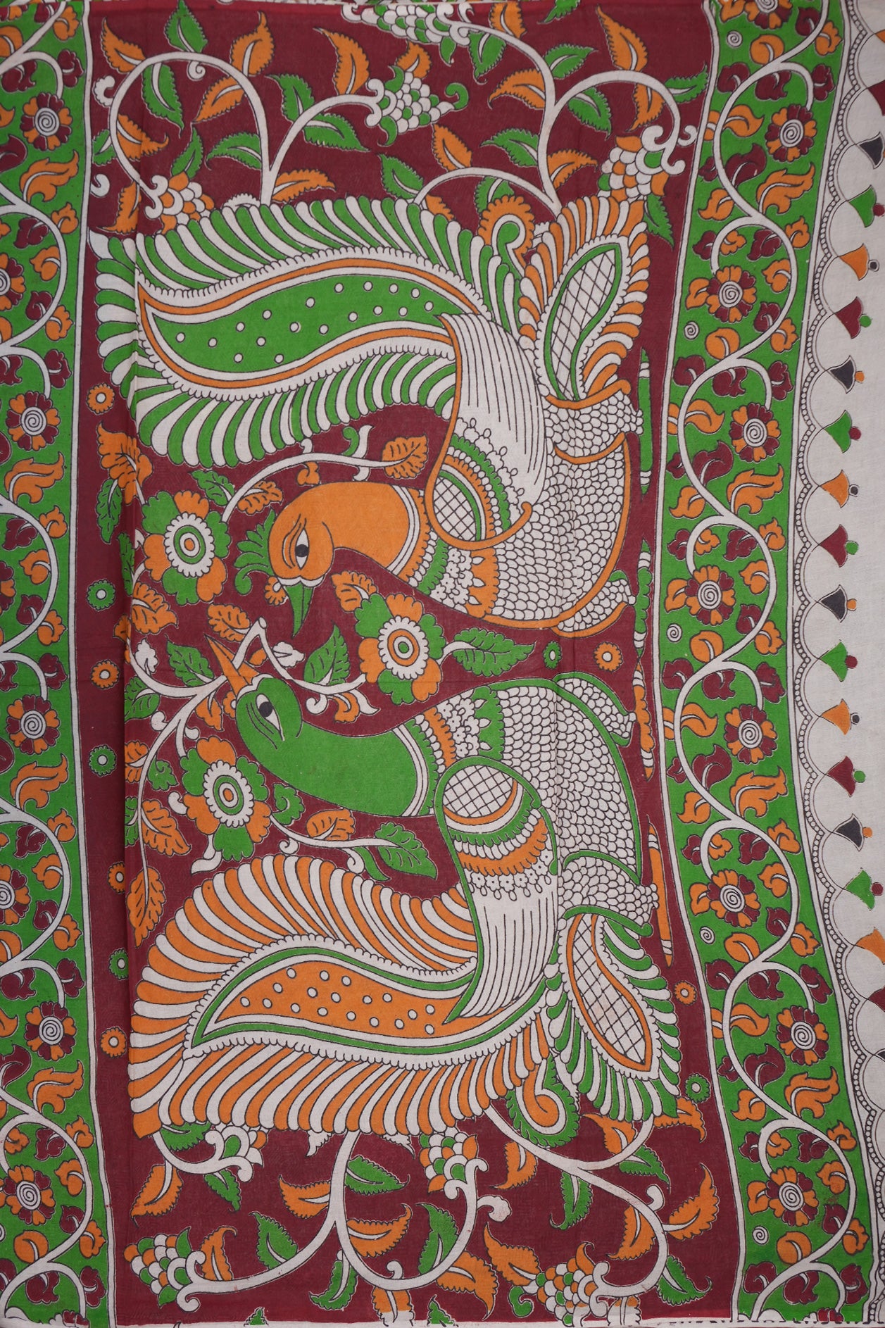 Peacock And Floral Design Peacock Green Printed Kalamkari Cotton Saree