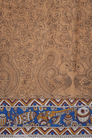 Peacock And Floral Design Tan Brown Printed Kalamkari Cotton Saree