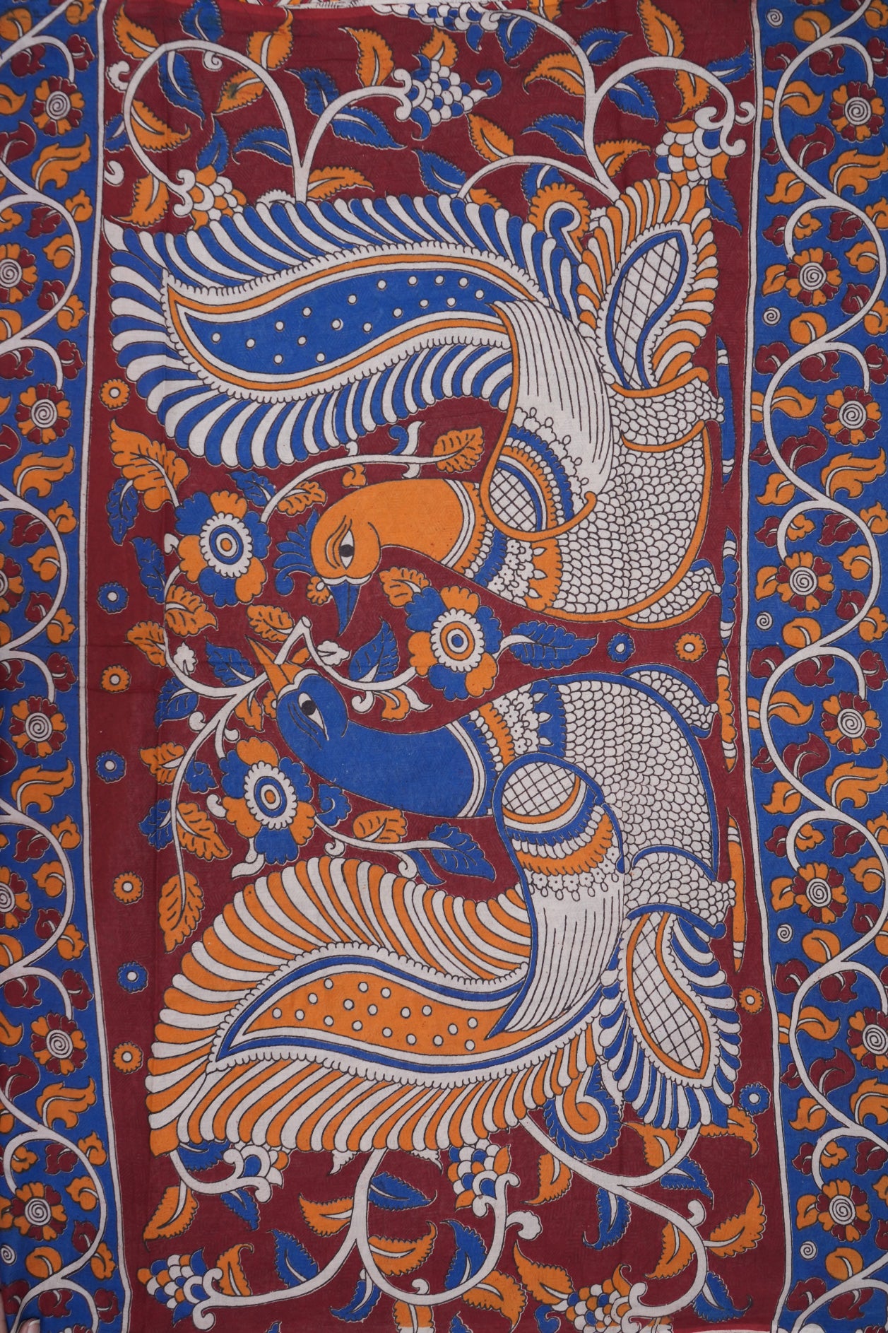 Peacock And Floral Design Tan Brown Printed Kalamkari Cotton Saree