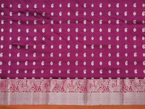 Peacock And Floral Silver Zari Border With Motifs Berry Purple Pavadai Sattai Material