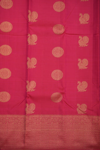 Peacock And Floral Zari Motifs Rani Pink Kanchipuram Silk Saree