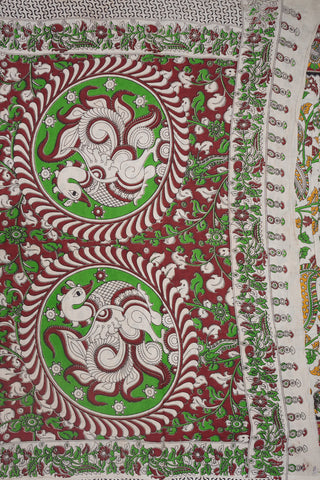 Peacock And Leaf Buttas Beige Printed Kalamkari Cotton Saree