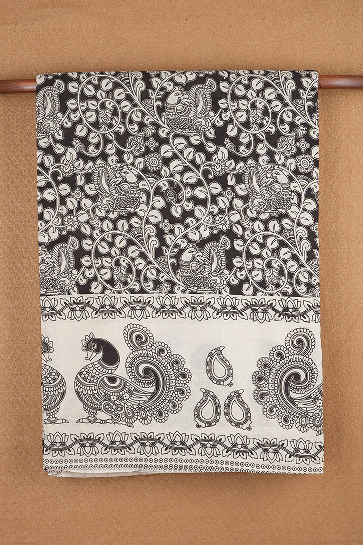 Peacock And Leaf Design Black Printed Kalamkari Cotton Saree
