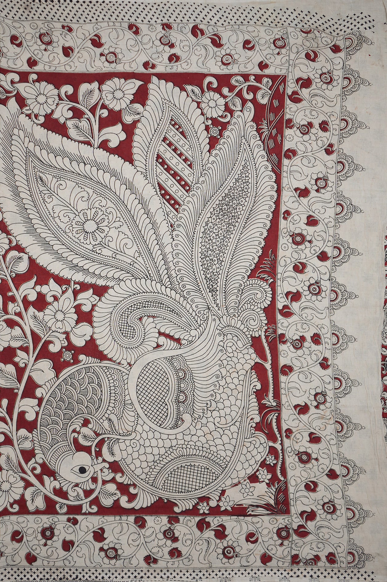 Peacock And Leaf Design Red Printed Kalamkari Cotton Saree