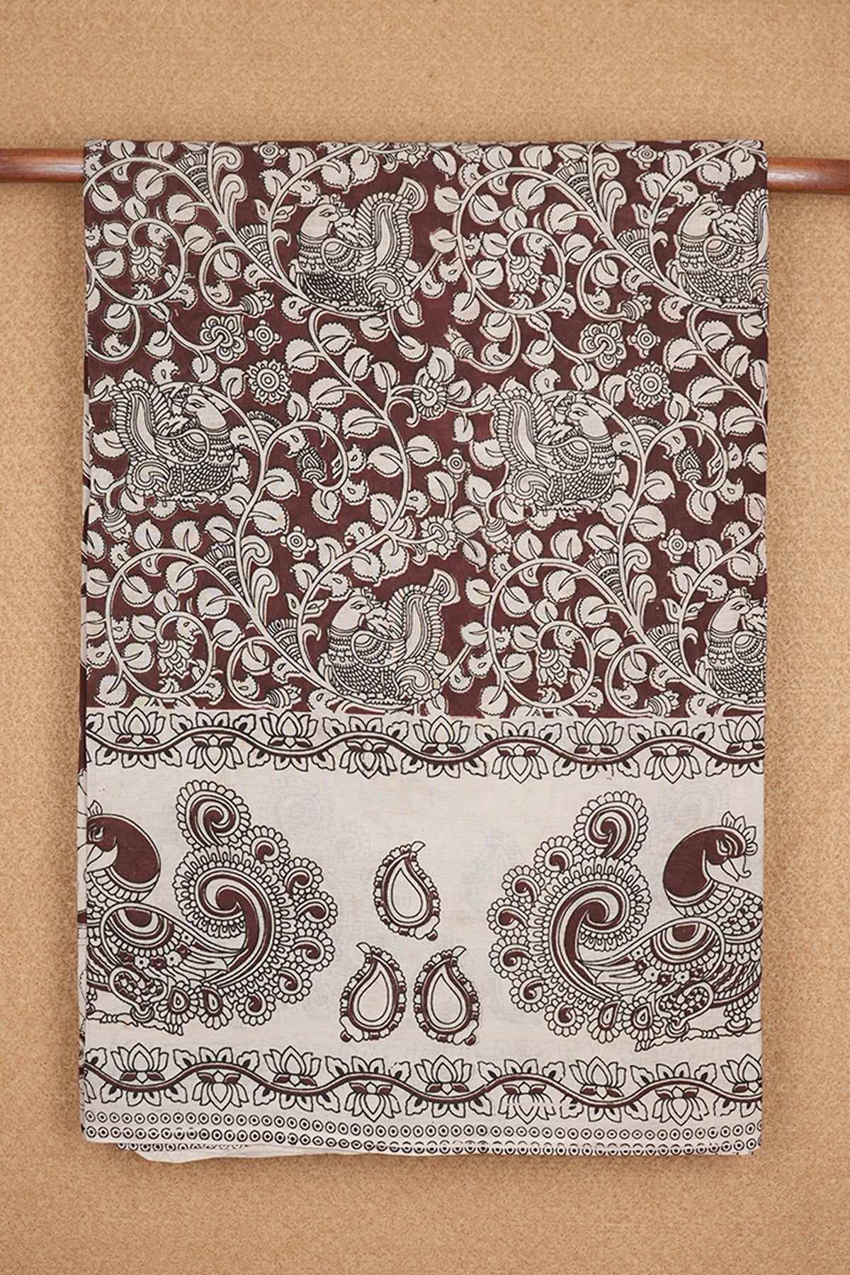 Peacock And Leaf Motifs Brown Printed Kalamkari Cotton Saree