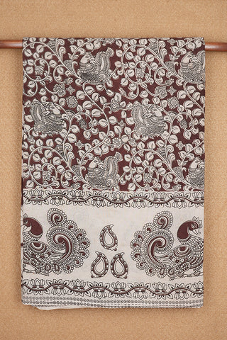 Peacock And Leaf Motifs Brown Printed Kalamkari Cotton Saree