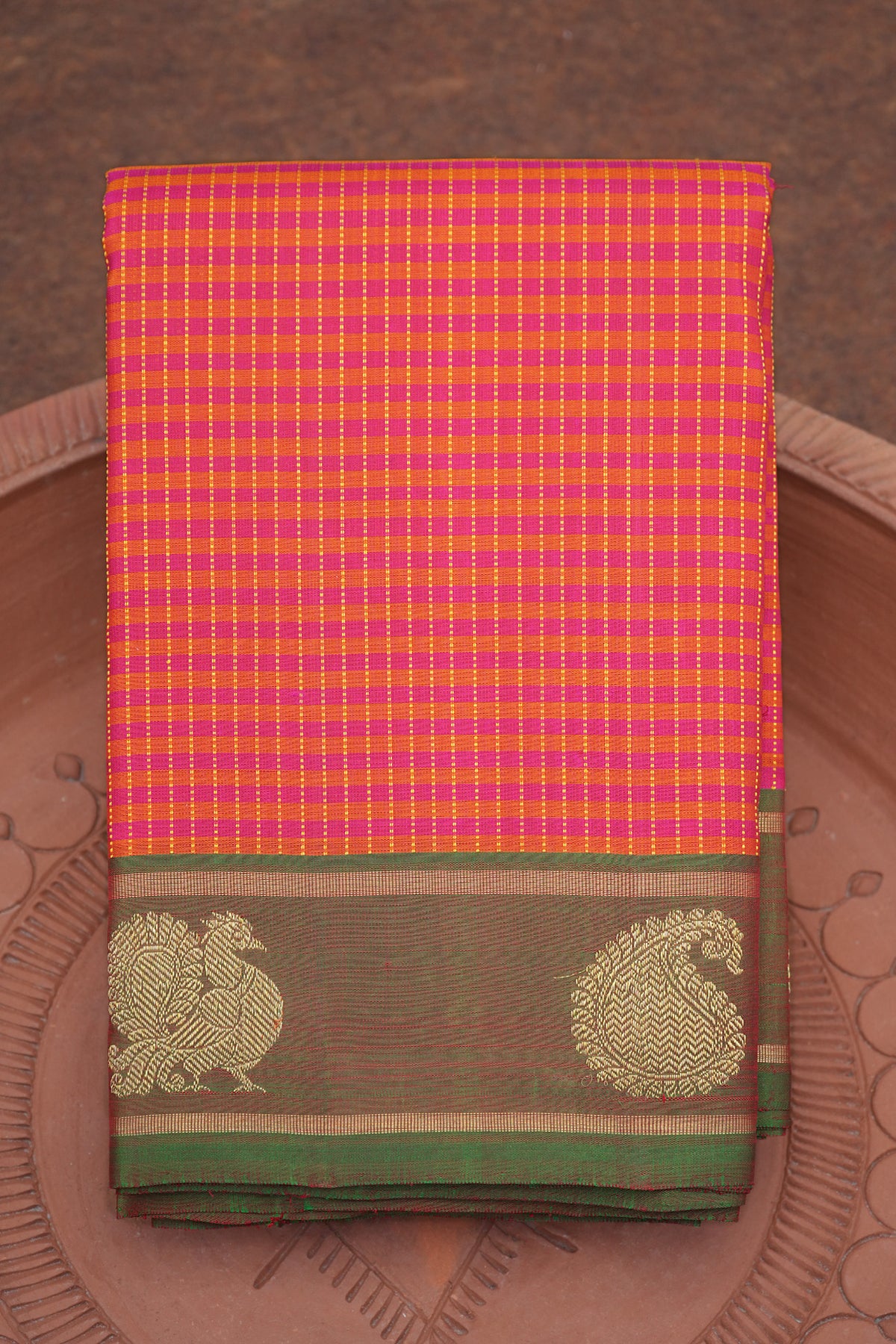 Peacock And Paisley Zari Border Bright Orange And Rani Pink Kanchipuram Silk Saree