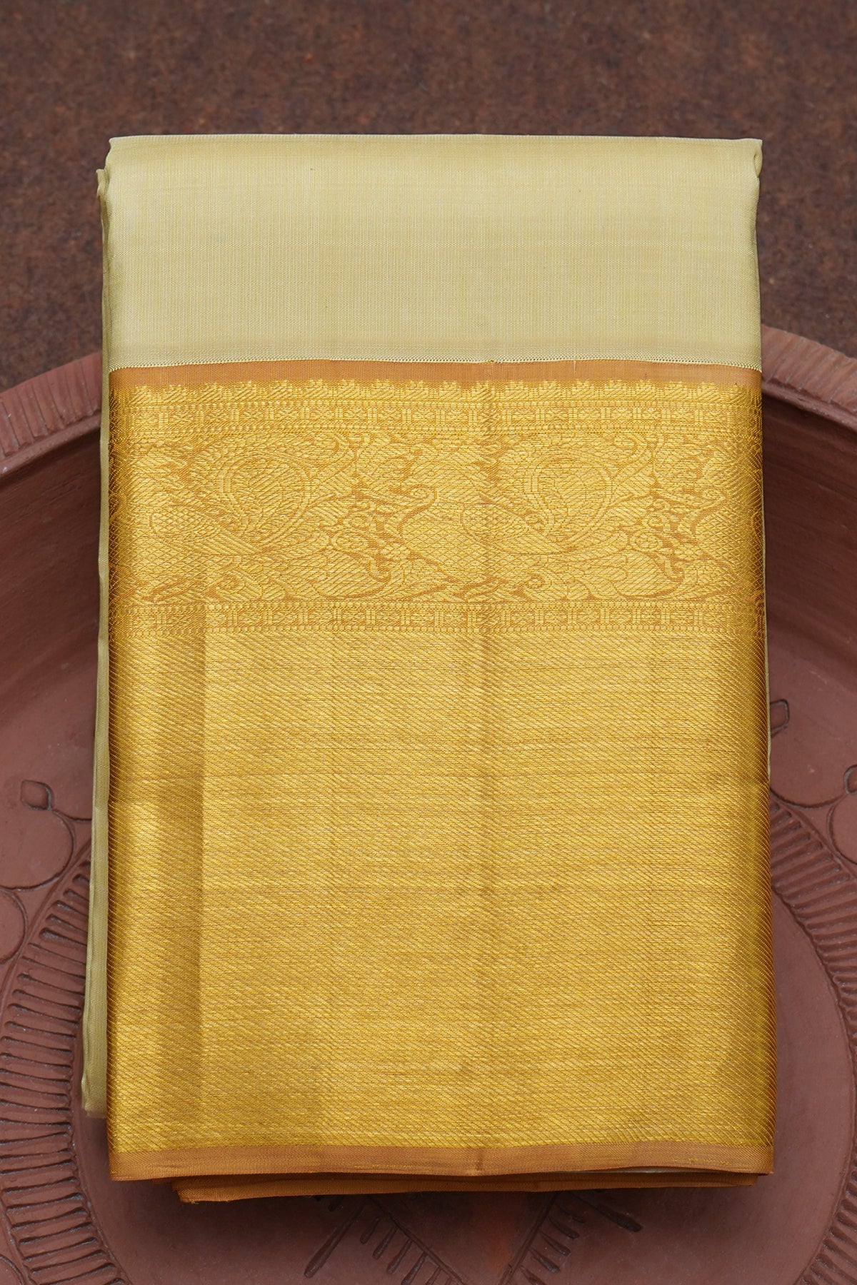 Peacock And Twill Weave Zari Border Plain Yellowish Beige Kanchipuram Silk Saree