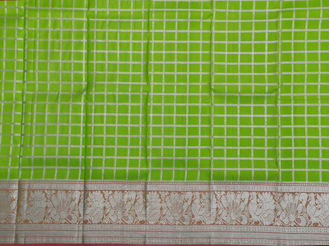 Peacock Border In Zari Checks Parrot Green Kanchipuram Silk Unstitched Pavadai Sattai Material