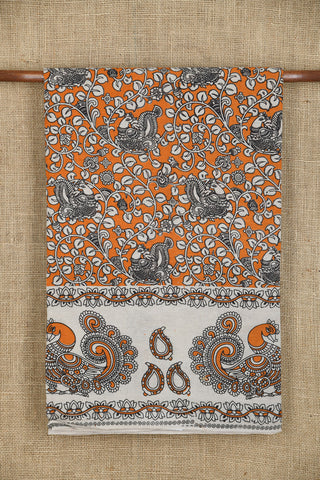 Peacock Border With Allover Design Orange Kalamkari Printed Cotton Saree