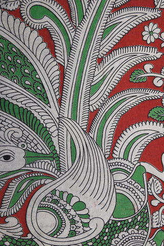 Peacock Border With Paisley Design Black Kalamkari Printed Cotton Saree