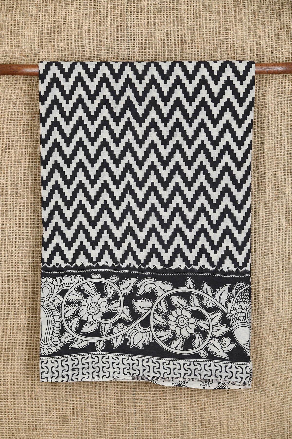 Peacock Border With Chevron Design Kalamkari Printed Cotton Saree