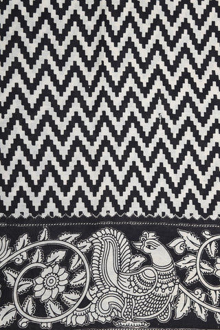 Peacock Border With Chevron Design Kalamkari Printed Cotton Saree