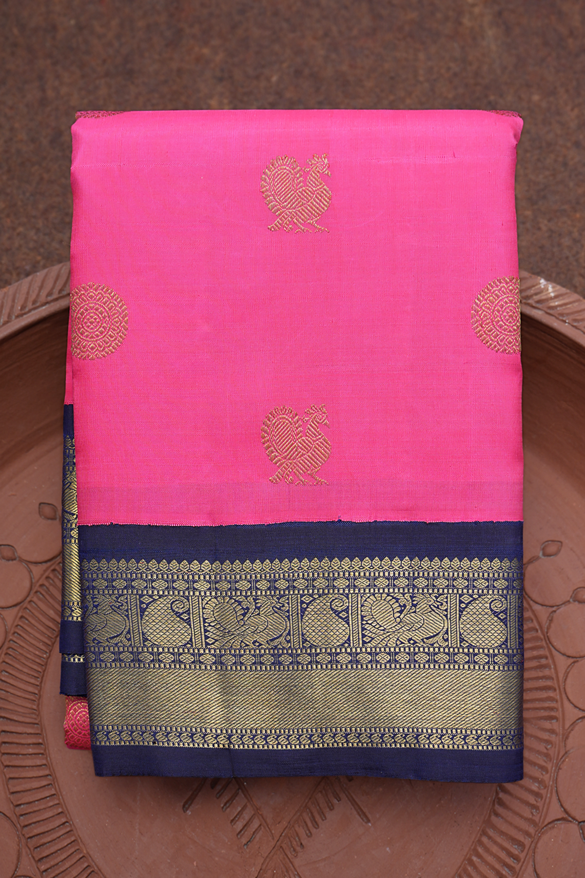 Peacock Chakram Motifs Hot Pink Kanchipuram Silk Saree
