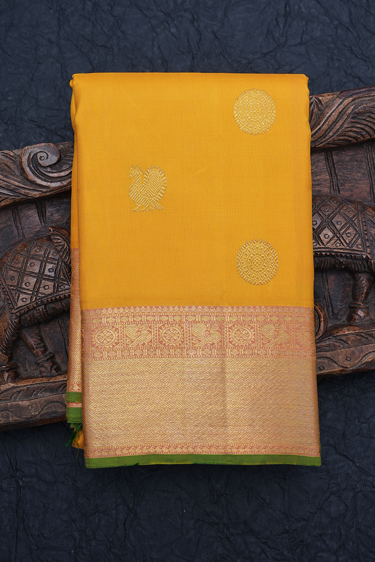 Peacock Chakram Motifs Mustard Yellow Kanchipuram Silk Saree