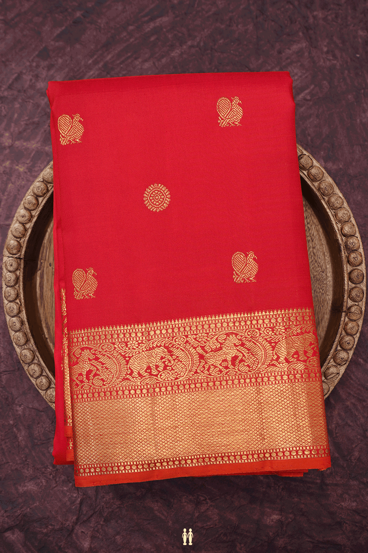 Peacock Chakram Zari Motif Chilli Red Kanchipuram Silk Saree