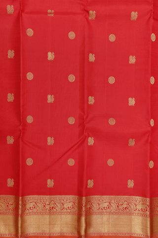 Peacock Chakram Zari Motif Chilli Red Kanchipuram Silk Saree