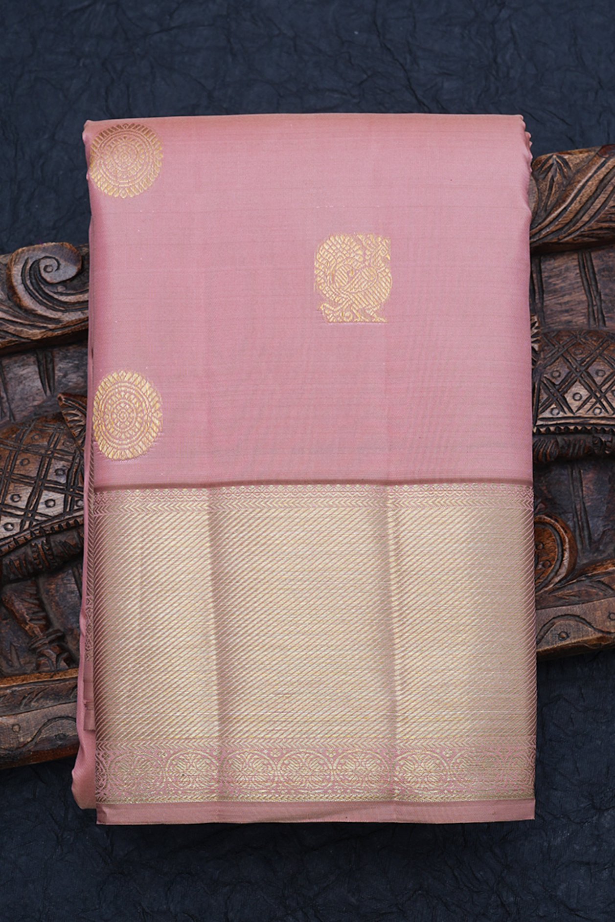 Peacock Chakram Zari Motif Dusty Pink Kanchipuram Silk Saree