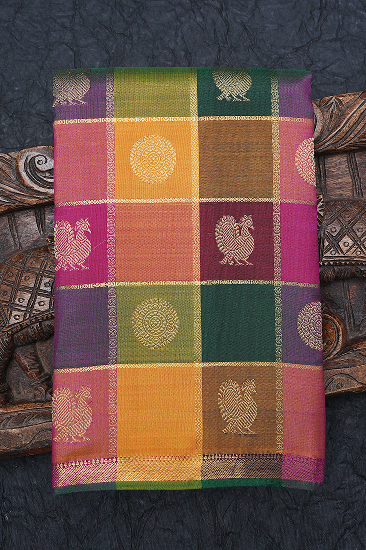 Peacock Chakram Zari Motif Multicolor Kanchipuram Silk Saree