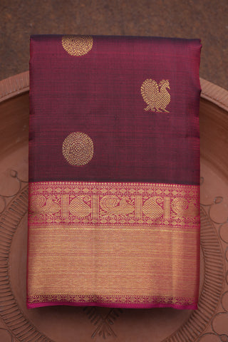 Peacock Chakram Zari Motifs Maroon Kanchipuram Silk Saree