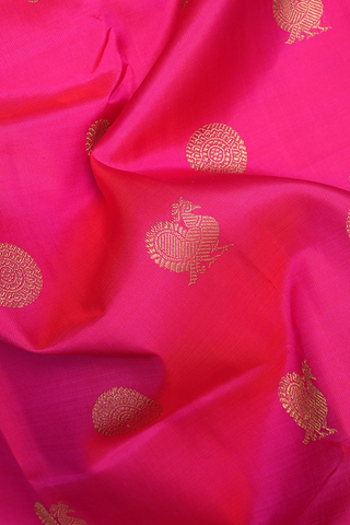 Peacock Chakram Zari Motifs Rani Pink Kanchipuram Silk Saree