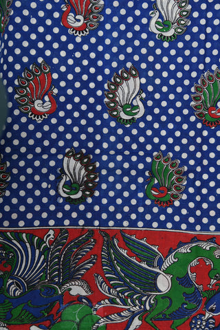 Peacock Design Blue Kalamkari Printed Silk Saree